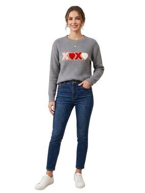 NWT S. Christina Gray XOXO Heart Valentine Knit Sweater Size L/XL Gold Trim